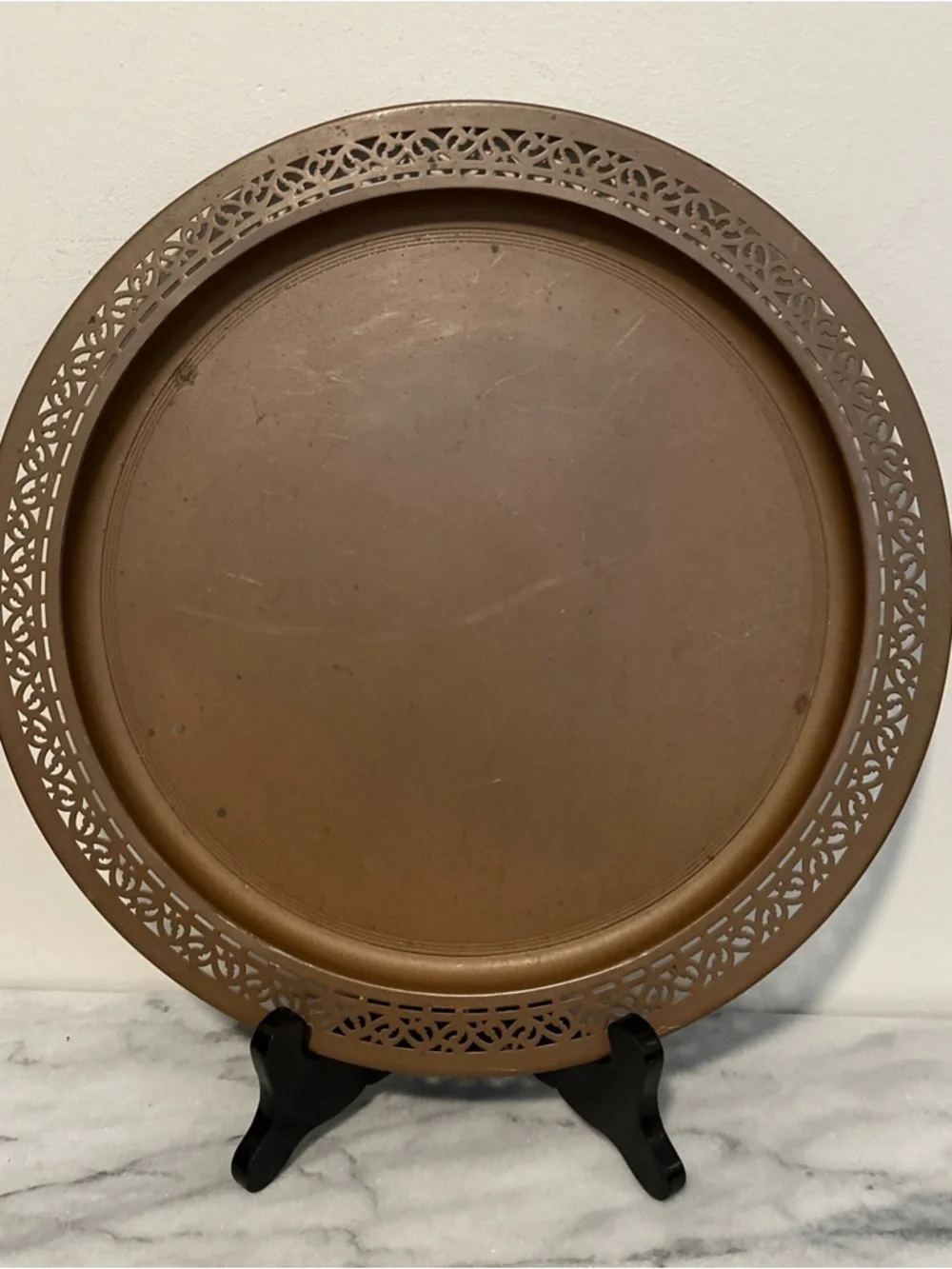 Vintage solid copper tray reticulated border 14”D